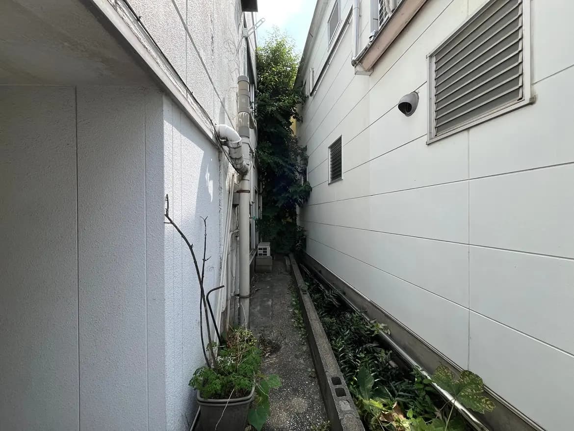 - 狭い通路に囲まれた白い壁の建物、緑の植物が部分的に生えている風景