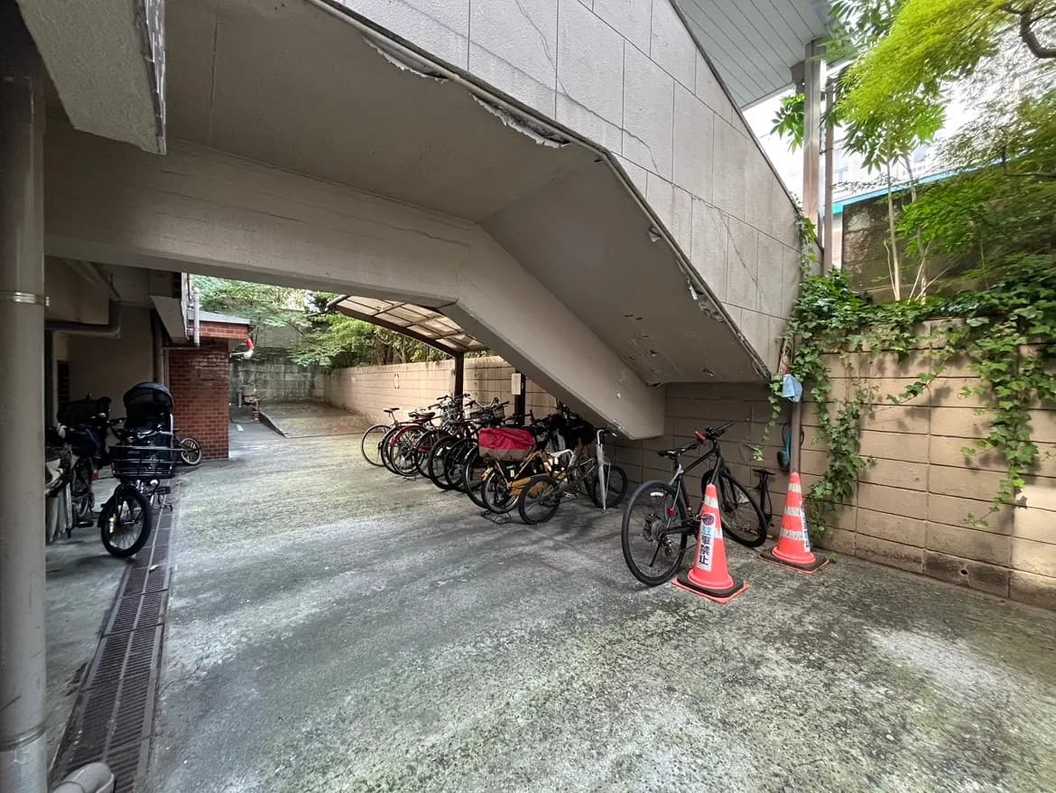 - 自転車置き場の風景、壁に囲まれたスペースに整然と並んだ複数の自転車と、近くのコーンが設置されたエリア