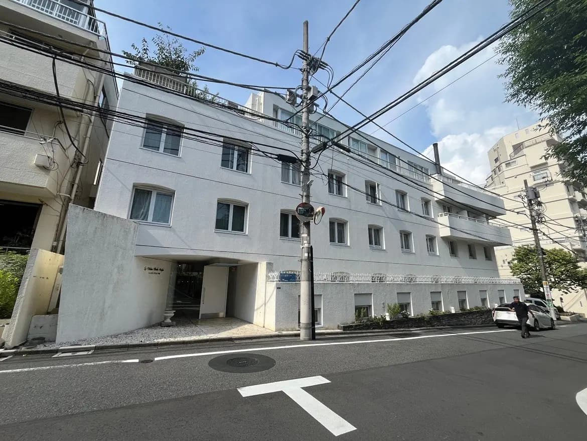 - 白い外観の現代的なビル、周囲に電柱や電線があり、道路に面したエントランスの風景
