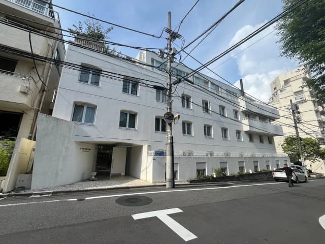 - 白い外観の現代的なビル、周囲に電柱や電線があり、道路に面したエントランスの風景