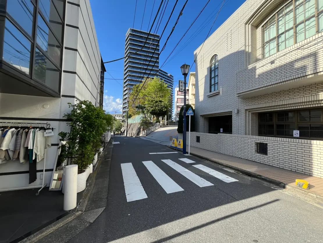 - 街角の白い横断歩道と近代的なビルが並ぶ風景、左側には洋服店の外観と緑の植物が見える通りの写真