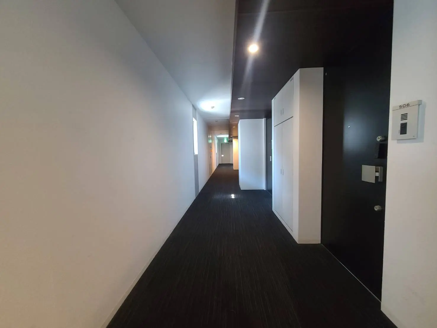 - モダンなデザインの廊下、整理された壁、黒いフローリングと照明が施された空間