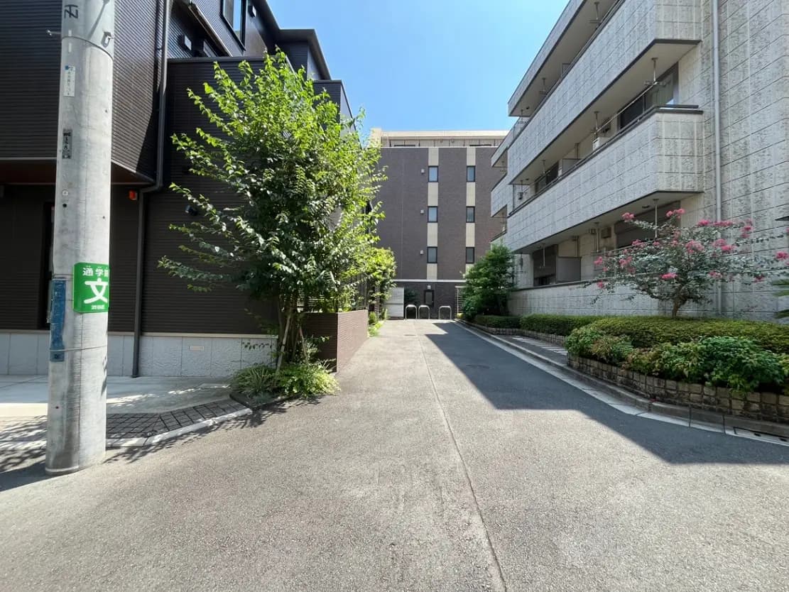 - 緑の木々と花が彩る静かな住宅街の通り、右側に近代的なアパートメントが続く風景