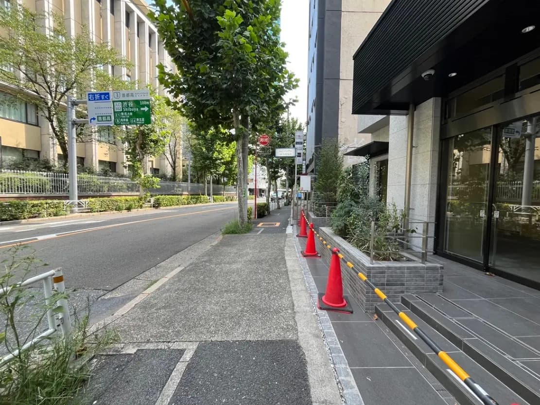 - 緑豊かな歩道と並木道、清潔感のある商業ビルの入り口、交通標識と赤いコーンが配置された通りの風景