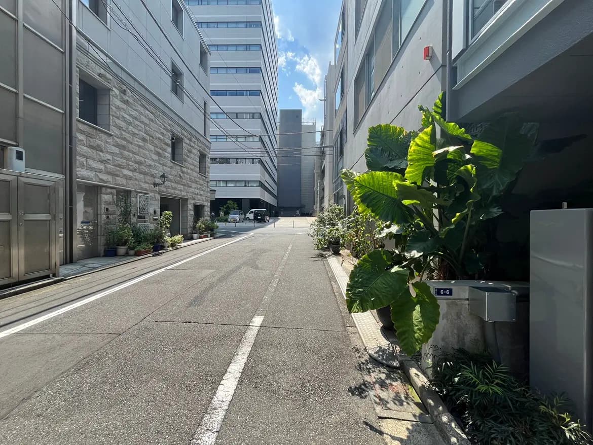 - 都市の裏道、周囲に高層ビルと緑豊かな植物が並ぶ通り、晴れた青空の下の景観