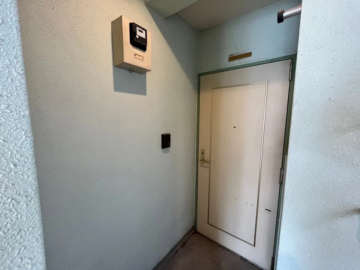 - シンプルなデザインのエントランスホール、白い壁とドア、電気メーターとインターホンの設置されたスペース