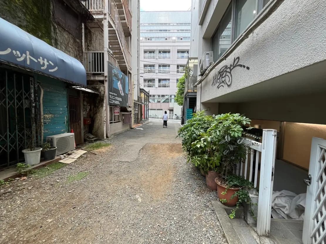 - ブロック塀と植木鉢が並ぶ狭い路地、古びた店舗のファサードと広告看板、遠くに人が歩く様子が見える風景