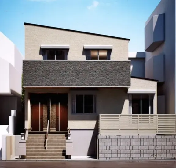 - モダンな外観の二階建て住宅、石積みの階段とダークブラウンのドアが特徴、周囲にコンクリートの壁と建物が立ち並ぶ街の風景