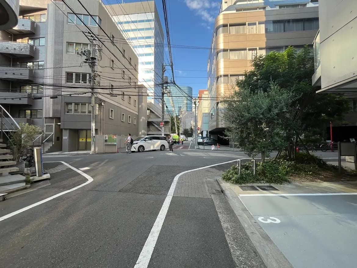 - 都市の交差点、周囲には現代的なビルと電線が見え、歩行者と車両が行き交う風景