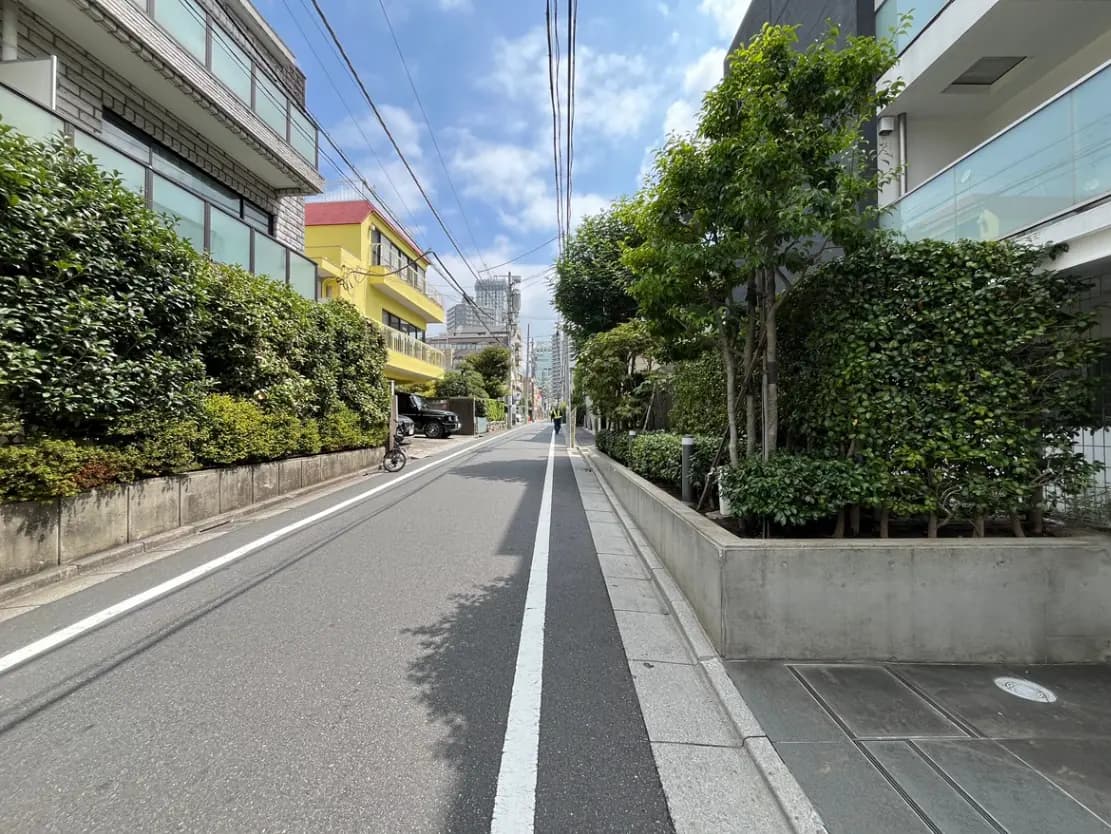 - 緑で囲まれた静かな住宅街の通り、両脇に植えられた低い生け垣と建物の外観、晴れた青空が広がる風景
