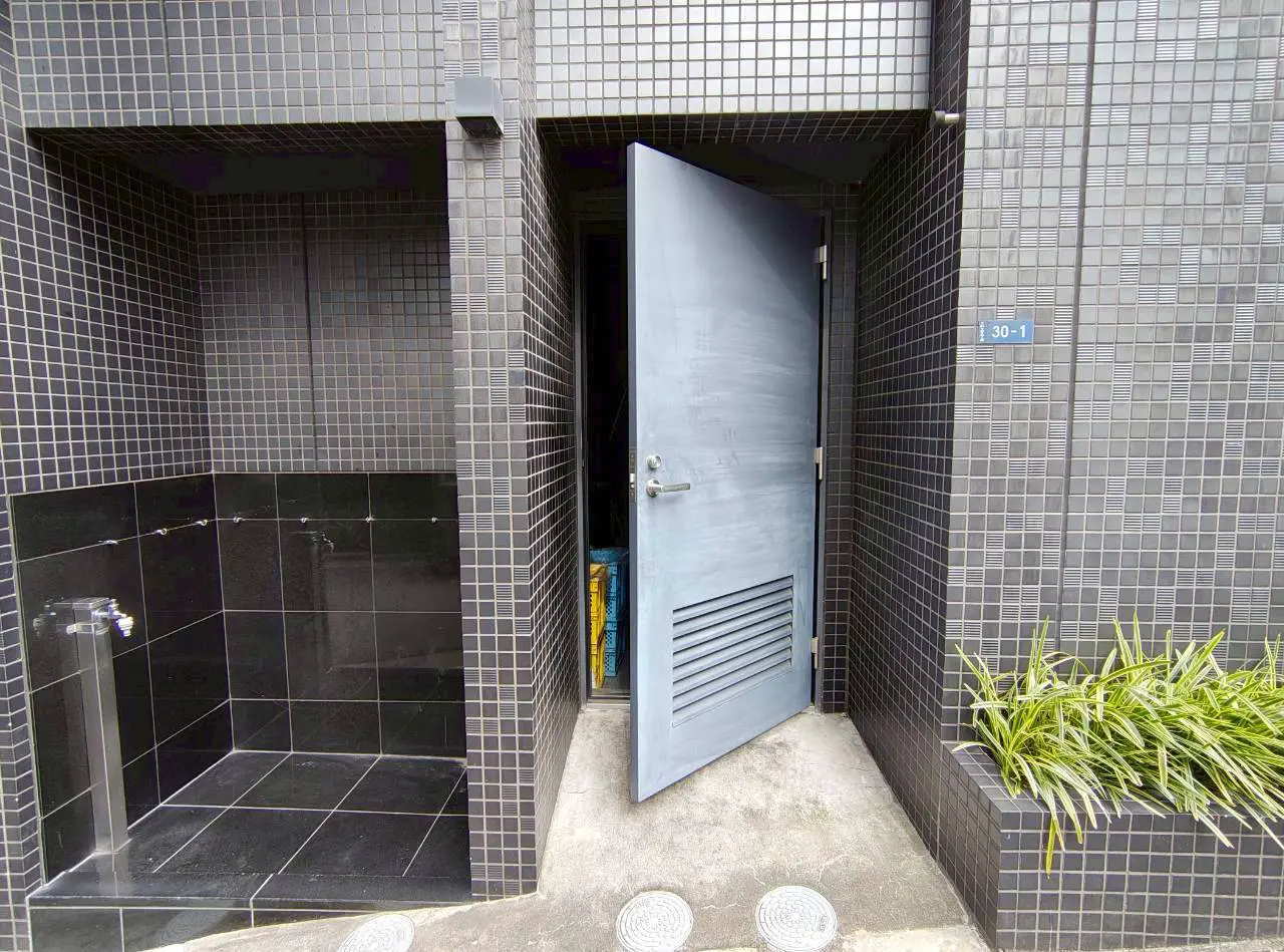 - 黒いタイルに囲まれたエントランス、開いたドアの奥に見える暗い空間とブラシのグリーンが特徴の現代的なデザイン