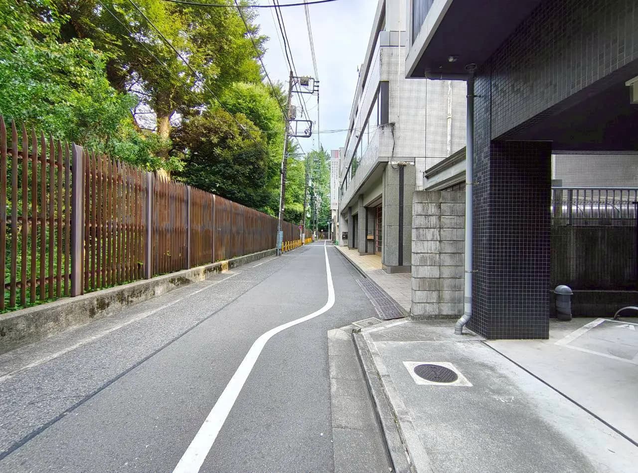 - 緑豊かな街路、右側には木々が生い茂るフェンス、左側には低層の建物が並ぶ通りの風景