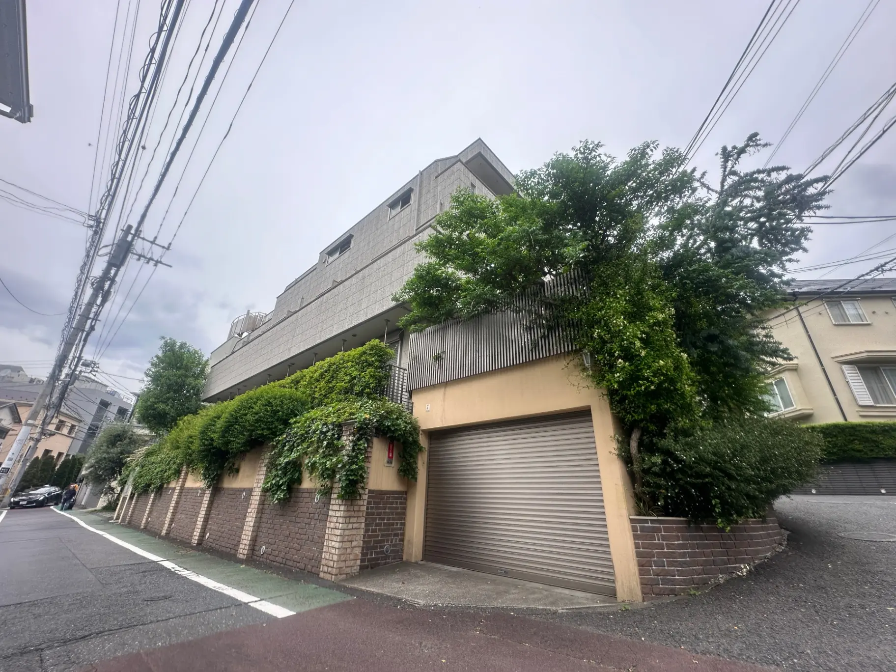 都市の住宅街にあるモダンな家の外観、ガレージ付き、緑豊かな植栽と電柱が見える景色