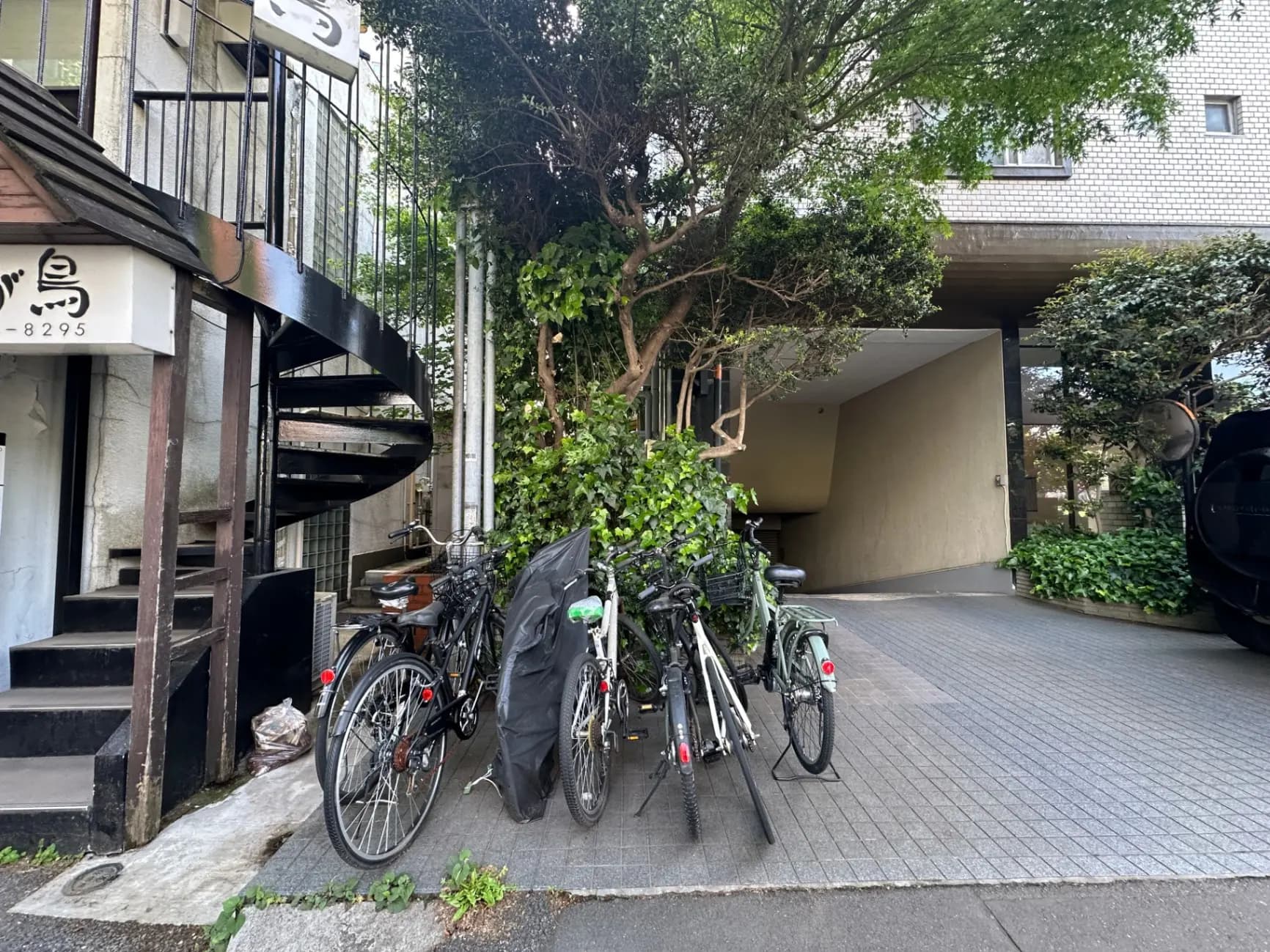 都市のアパートのエントランスに駐車された自転車と緑豊かな植栽