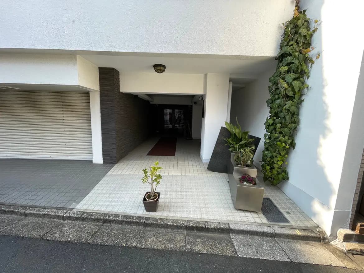 モダンな住宅のエントランス部分、シャッター付きガレージと植物が置かれたタイルの歩道