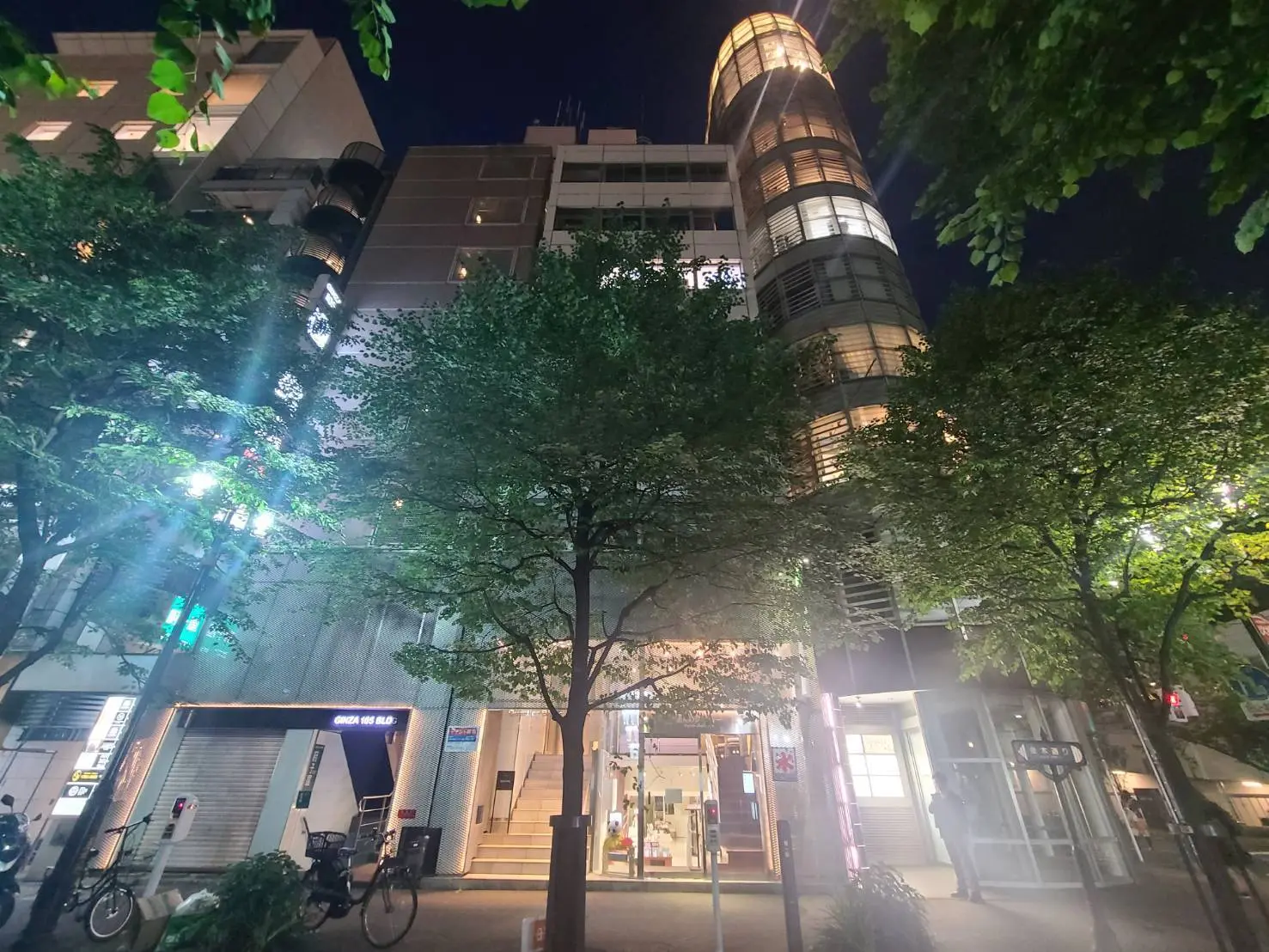 夜景の街並みと緑豊かな木々、照明が灯る現代的なビルのファサード