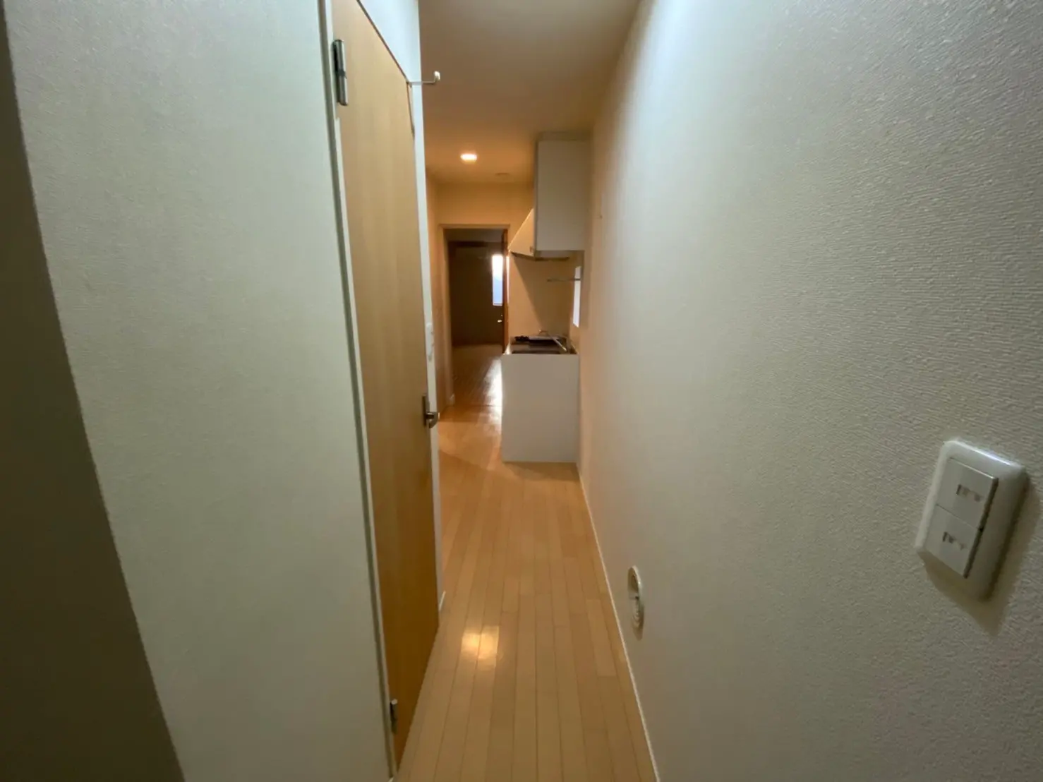 狭い廊下と木製フローリング、壁にスイッチがあるシンプルなインテリア