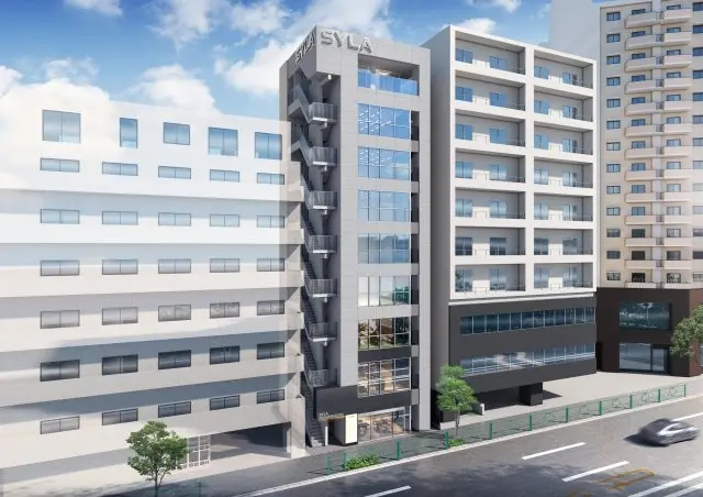 モダンな都市部のマンション外観デザイン、ガラス張りのバルコニー、Sylaと表示された建物ファサード