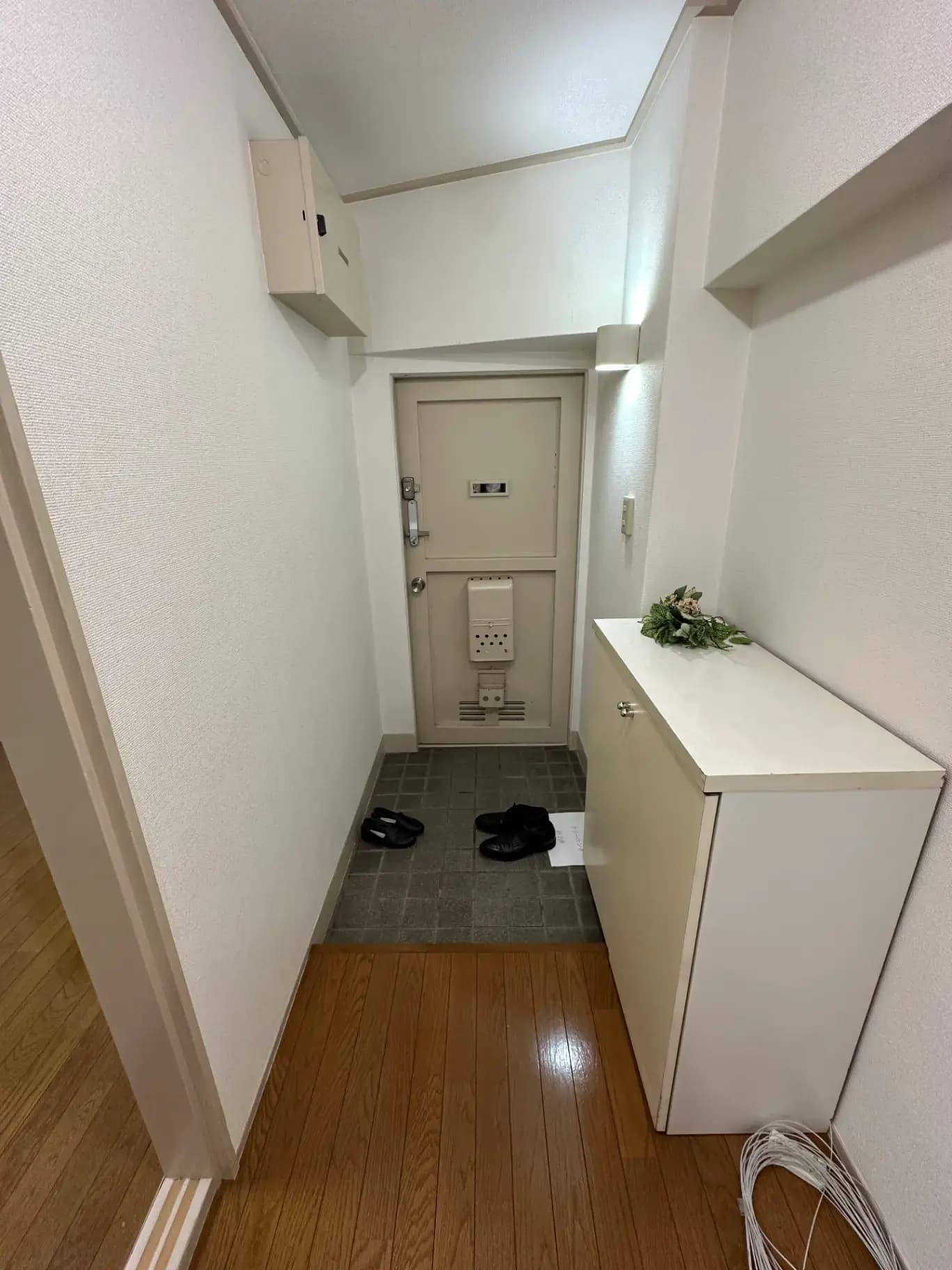 明るい照明のある玄関コンソール付きのエントリーウェイ