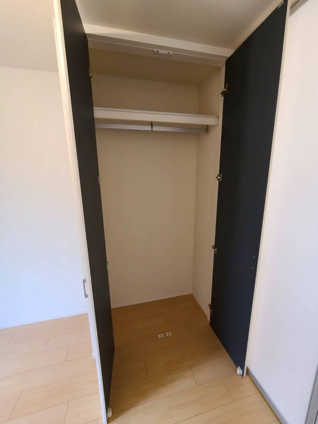 空のクローゼット、スライド式の黒いドア、内部に棚とハンガーレールが設置された明るい部屋