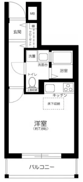 シンプルなワンルームアパートの間取り図、キッチンとバスルーム付き、実用的な都市型住宅デザイン