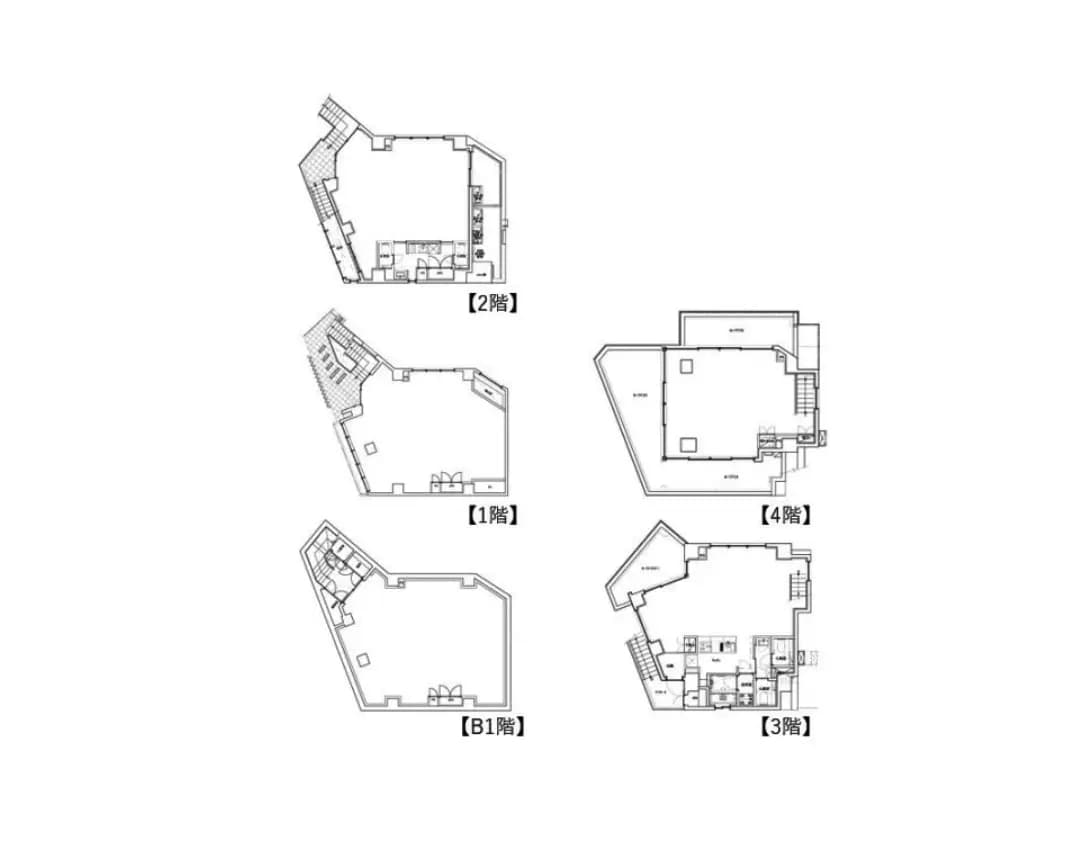 建築計画図面セット、各階のレイアウトと部屋分けが示された多階建ての建物の平面図
