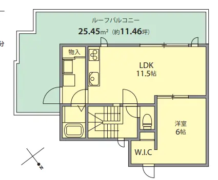 効率的な間取りのワンルームマンション、25.45平方メートル、LDK11.5帖、ウォークインクローゼット付き