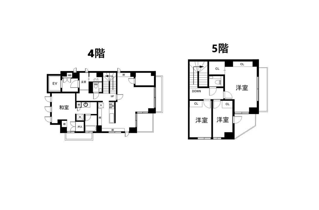 4階建てと5階建ての住宅の間取り図、詳細な部屋の配置とサイズが記載された建築設計図