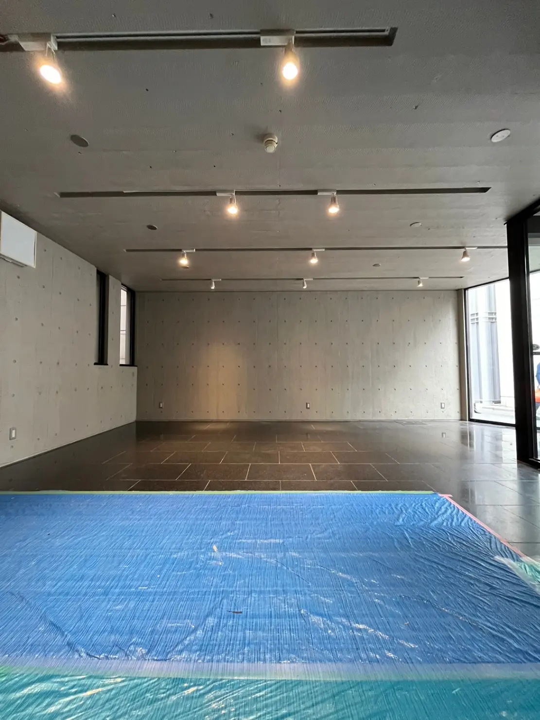 無機質なコンクリート壁の広い部屋と天井に埋め込まれた照明、床には青いプラスチックシートが敷かれている