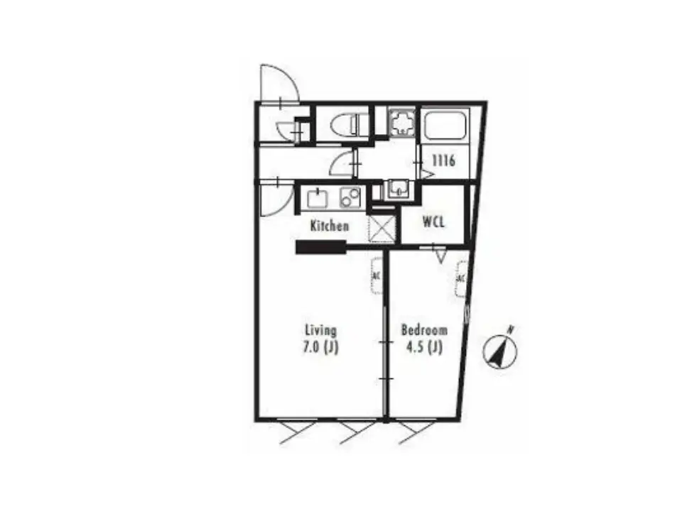 シンプルなワンルームマンションの間取り図、キッチンとリビングが一体化したデザイン、独立した寝室とトイレ