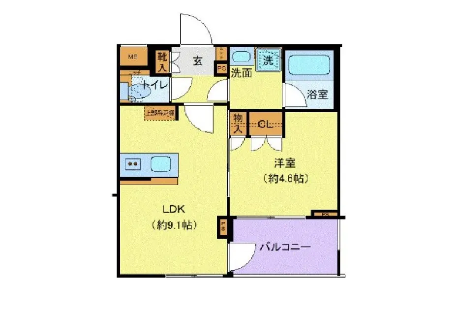 明確な間取り図、2LDKのアパートプラン、広いリビングダイニングキッチン、個別の洗面所とバルコニー付き