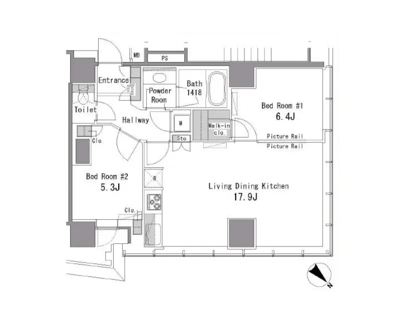 現代的な間取り図、エントランス、トイレ、パウダールーム、バスルーム、2つのベッドルーム、ウォークインクローゼット付き、広々としたリビングダイニングキッチン
