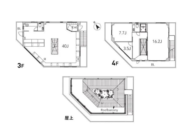 3階と4階の間取り図、ルーフバルコニー付きの現代的なアパートの設計図