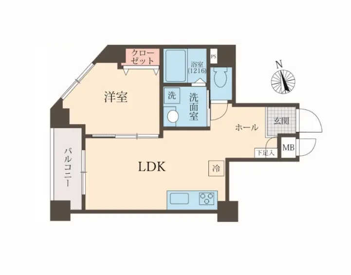 広々としたLDK、独立した洗面所と浴室、プライベートな寝室が備わる現代的な間取り図