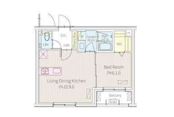 間取り図と家具配置、リビングダイニングキッチン、ベッドルーム、バルコニーが特徴的な現代的なアパートデザイン