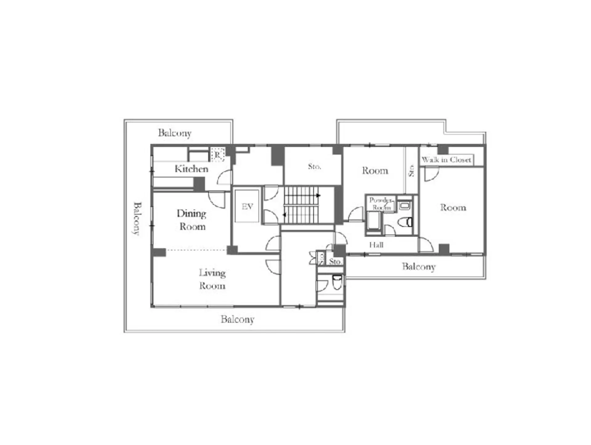 住宅の間取り図、バルコニー付きのキッチン、ダイニングルーム、リビングルーム、複数の部屋とウォークインクローゼットを含むデザイン