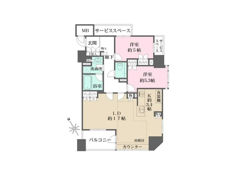 分かりやすい間取り図、LDK17帖に洋室とサービススペース、バルコニー付きの家の設計プラン