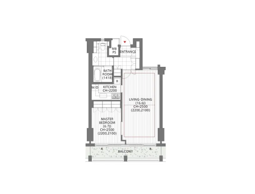 モダンなマンションの間取り図、マスターベッドルームとリビングダイニング、キッチン、バルコニーが見える設計図