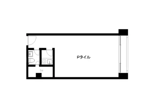 シンプルな間取り図、家具配置とドア、窓の記号が示されたワンルームアパートメントの設計図