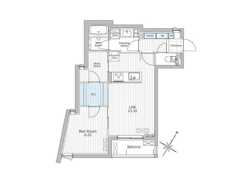 モダンな間取り図、バルコニーとウォークインクローゼット付きの１LDKアパートメントデザイン
