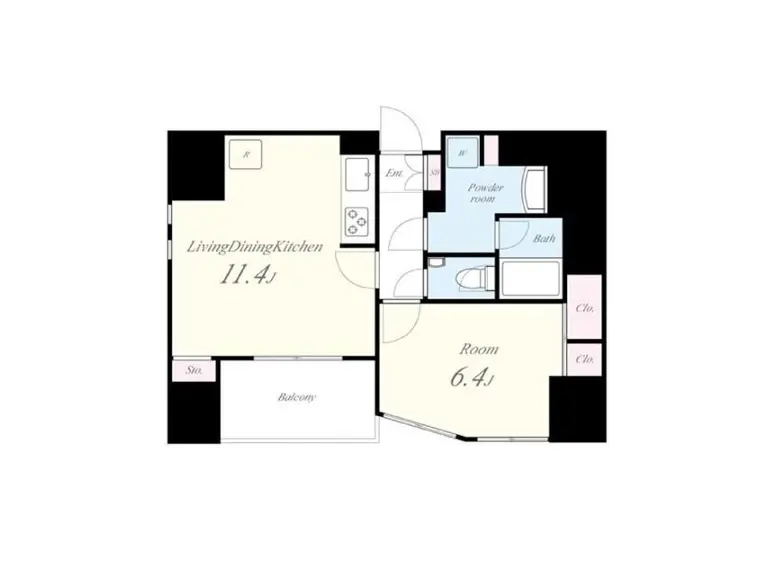 シンプルな間取り図、リビングダイニングキッチンと寝室、バルコニー付きのマンションプラン