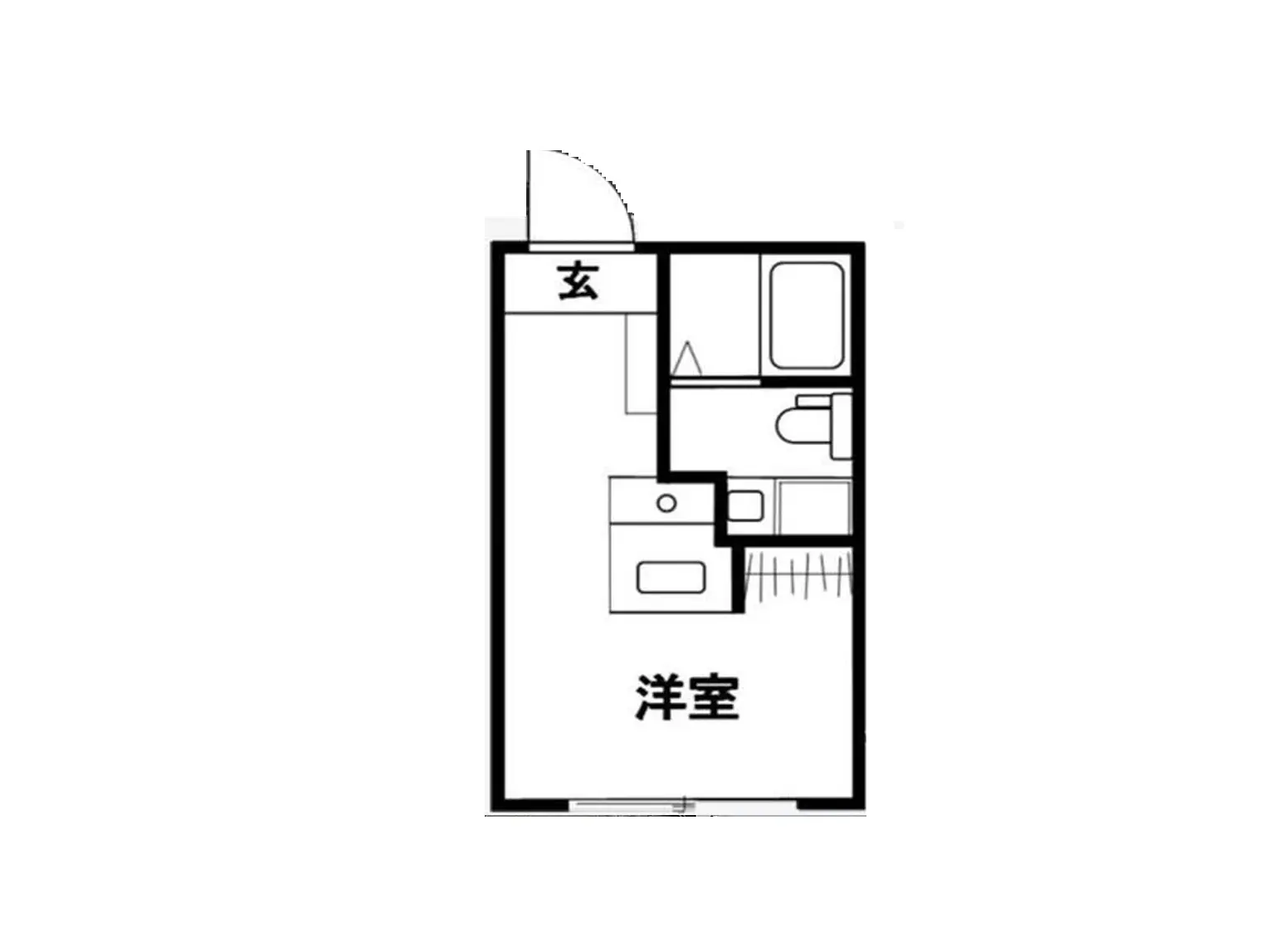 シンプルな間取り図、一室にキッチン・バスルーム・クローゼットが備わるコンパクトな住居デザイン