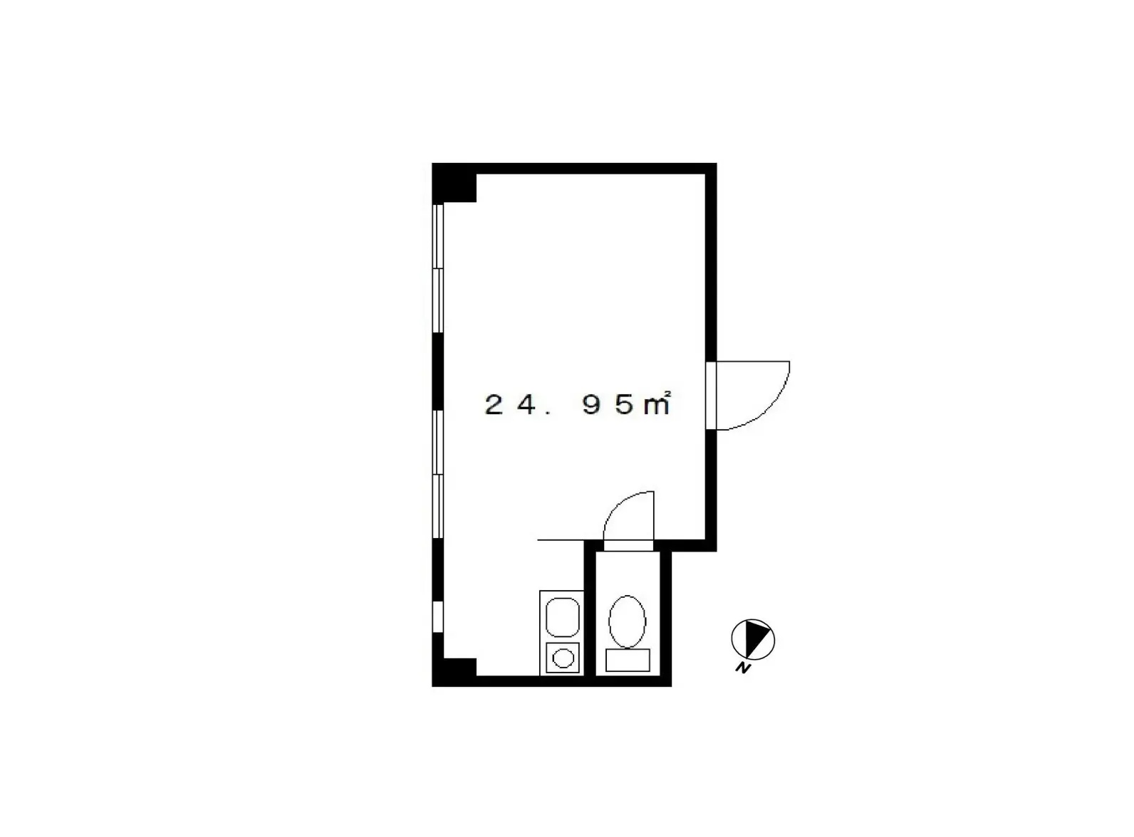 シンプルな間取り図、24.95平方メートルの部屋のレイアウトとサイズ表示