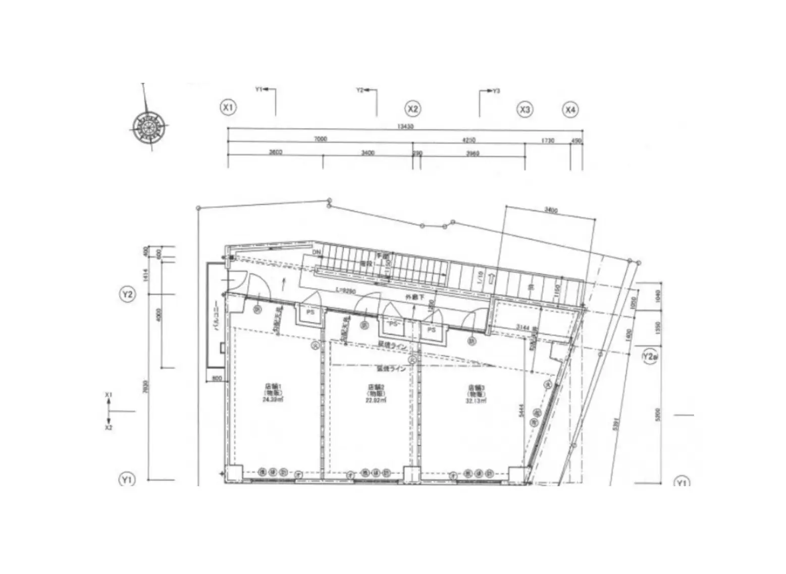建築設計図面、詳細な寸法表示と平面図の見取り図