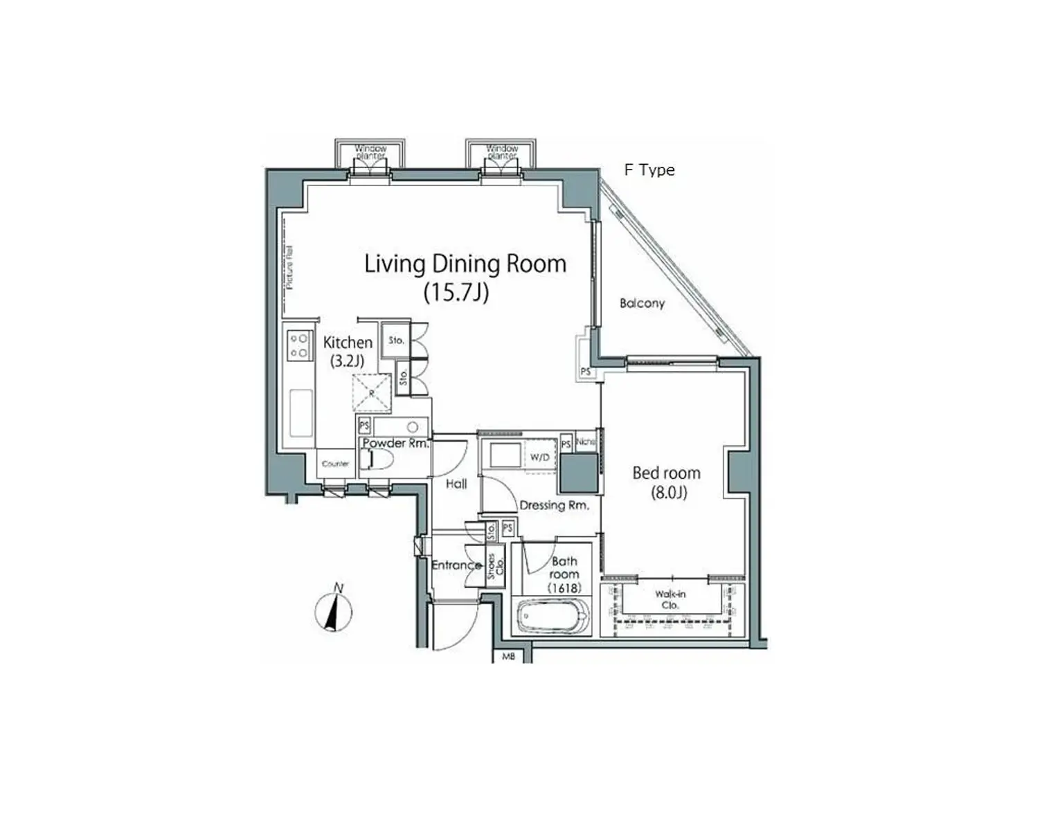 Fタイプの間取り図、リビングダイニングルーム、キッチン、ベッドルーム、バルコニーが備わる住居の設計図