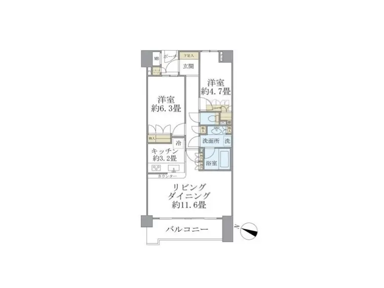 間取り図、モダンなアパートの設計図、明確な部屋割りとサイズ表記が特徴