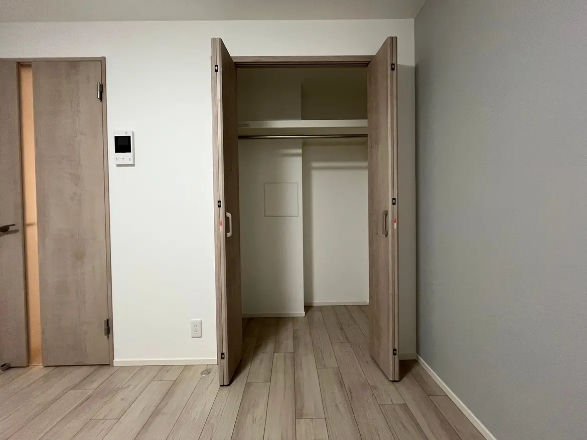 シンプルでモダンなデザインの空の部屋、木目調のドアとフローリング、真っ白な壁とウォークインクローゼット