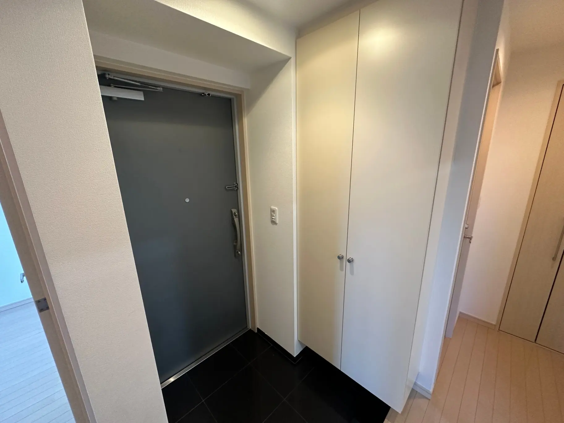 シンプルで清潔感のあるエントランスホール、明るい色調の壁付きシューズクローゼット