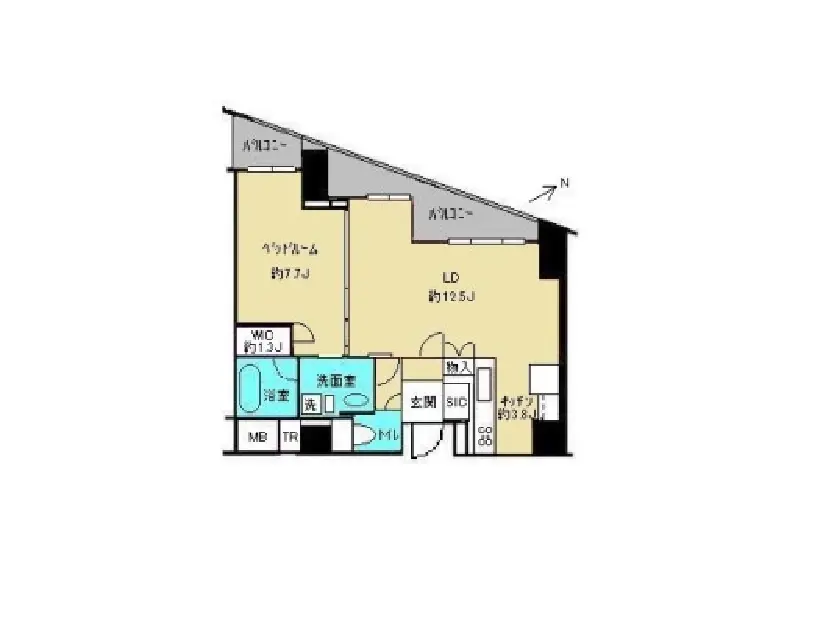明るく機能的な間取り図、2LDKマンションのレイアウト、北向きのリビングダイニングとバルコニー