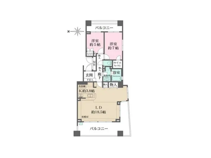 分かりやすい間取り図、二LDKマンションプラン、北向きバルコニー付き、個別の洗面所とバスルーム
